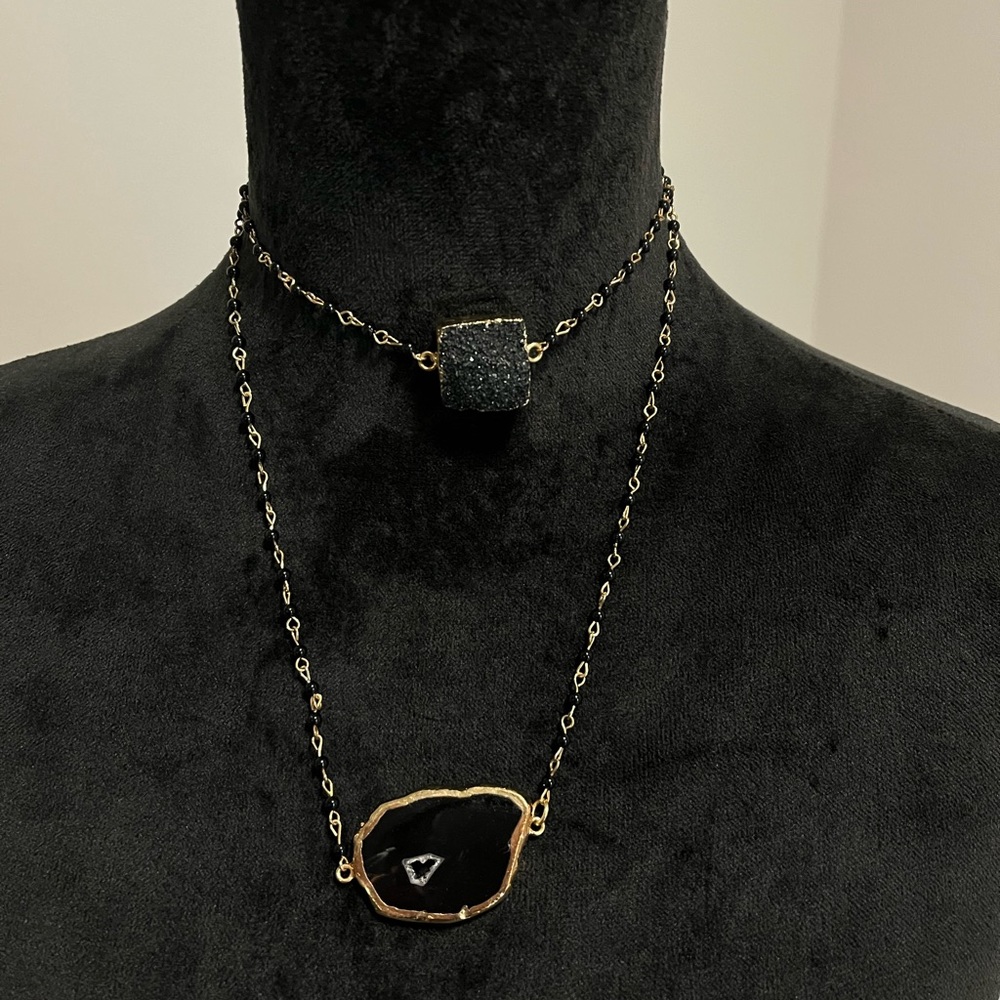 Handmade Layered Black Gemstone Necklace With Geode Stone